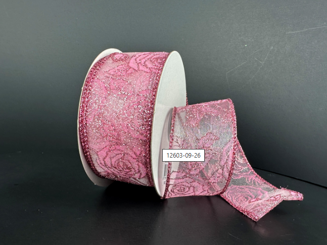 Pink Sheer Glittered Roses Wired Ribbon 1.5"