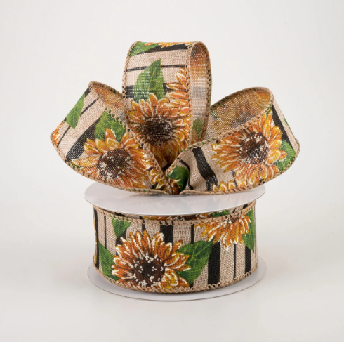 Sunflowers on Black Striped Linen Wired Ribbon 1.5"