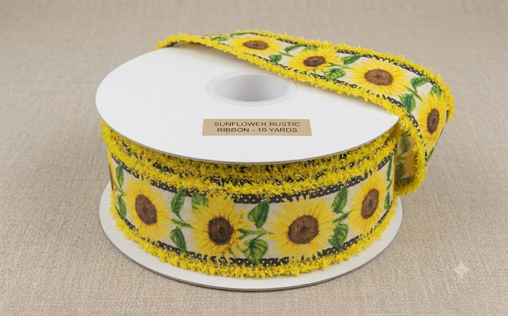 Sunflower Wired Ribbon with Yellow Fringe Trim 2.5"