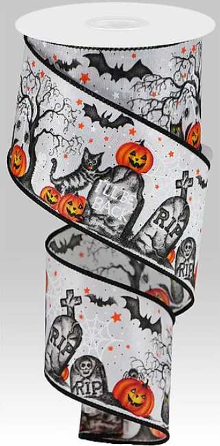 Halloween Graveyard & Pumpkin Satin Wired Ribbon 2.5"