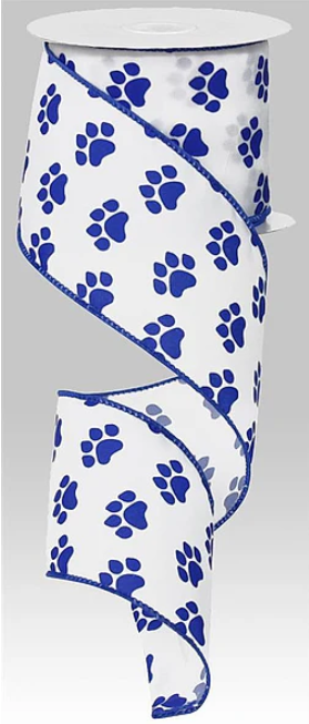 Blue Paw Print Wired Ribbon 2.5"