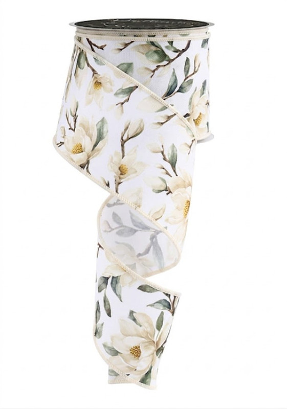 Cream Magnolia Floral Wired Ribbon 2.5"