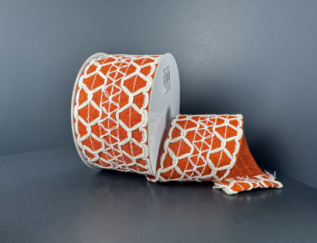 Rust  Linen Ribbon with Ivory Scalloped Lattice 2.5"