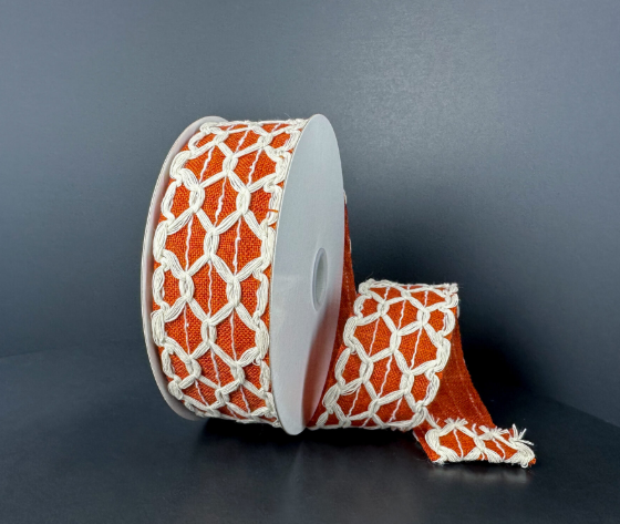 Rust Orange Linen Ribbon with Ivory Scalloped Lattice 1.5"