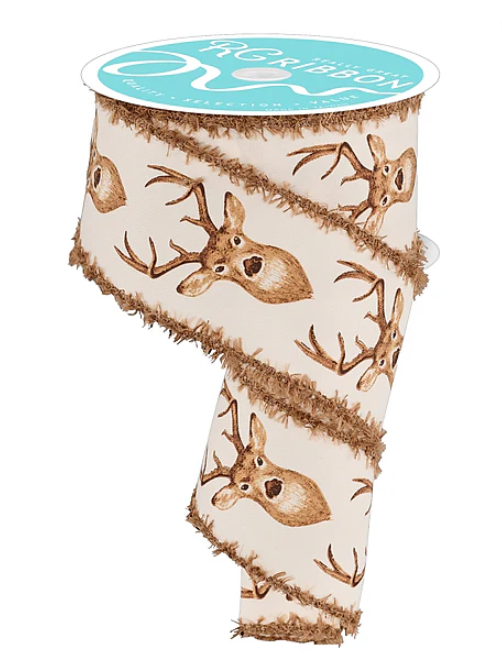 Deer Head Printed Ribbon with Frayed Jute Edge 2.5"