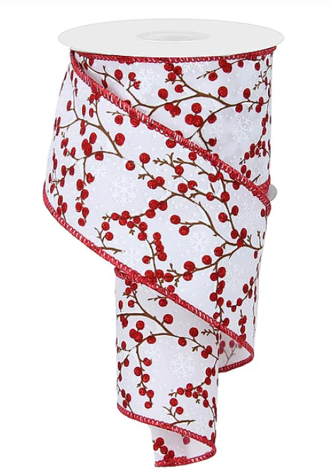 Snowy Red Berry Branches & Snowflake Ribbon 2.5"