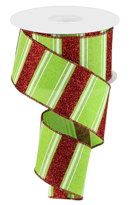 Lime Green & Red Glitter Multi-Stripe Ribbon 2.5"
