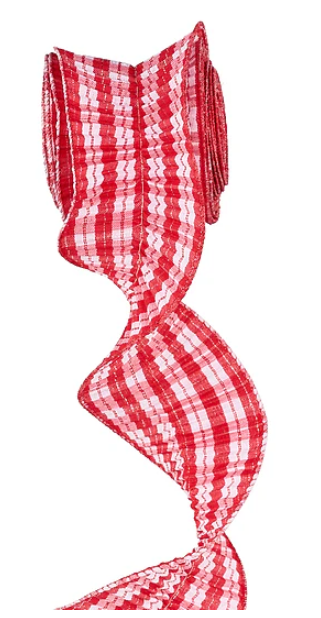 Red & White Pleated Gingham Check Ribbon 3" X 5YD