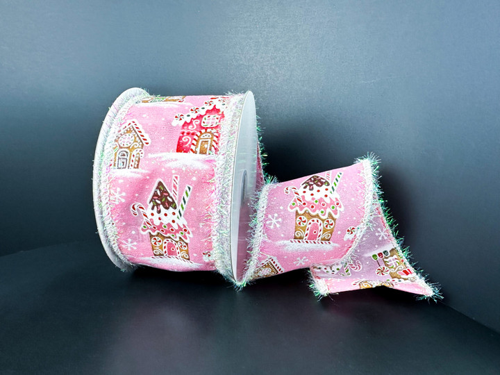 Pink Gingerbread Sweet Shop Tinsel Edge Wired Ribbon 2.5"