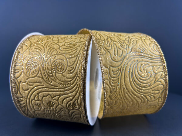 Gold Glitter Embossed Floral Wired Ribbon 2.5"