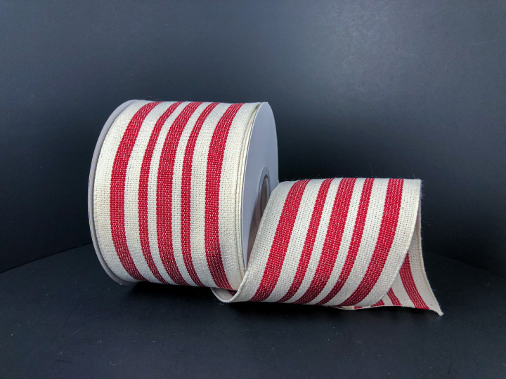 Red French Stripe Canvas Wired Ribbon 2.5"