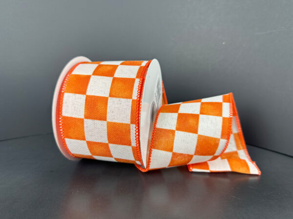 Orange & Cream Check Wired Ribbon 2.5"