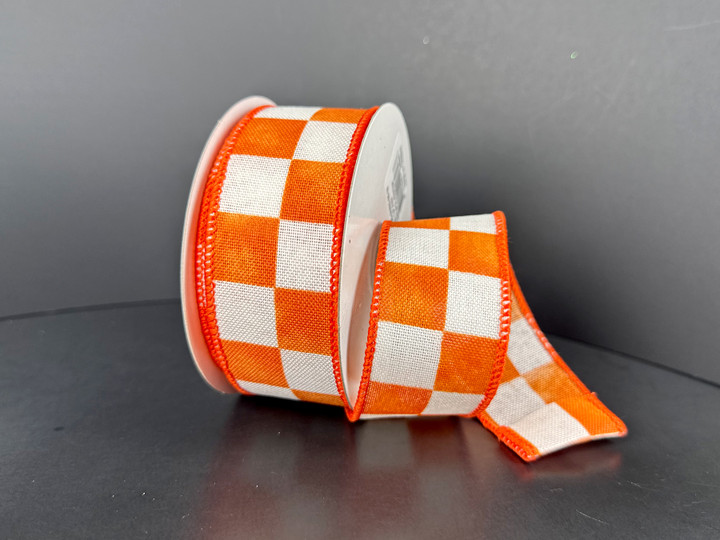 Orange & Cream Check Wired Ribbon 1.5"