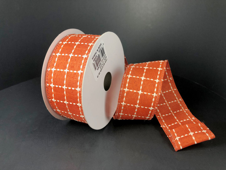 Rust Orange & Cream Plaid Canvas Wired Ribbon 1.5" 