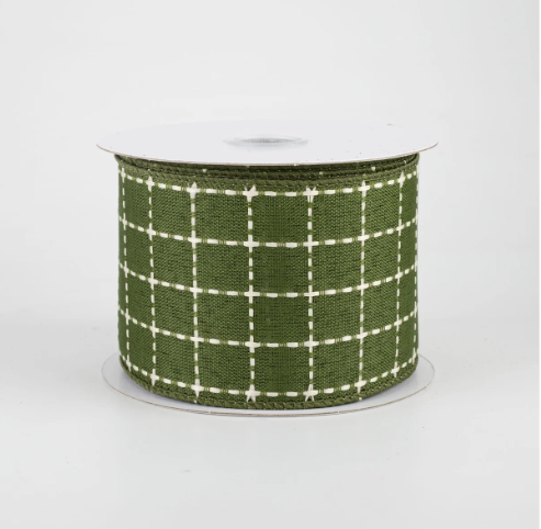 Moss Green & Cream Plaid Wired Ribbon 2.5"