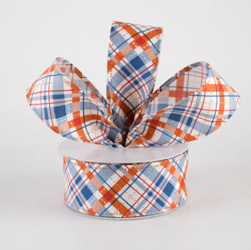 Rust Orange & Blue Argyle Plaid Linen Wired Ribbon 1.5"