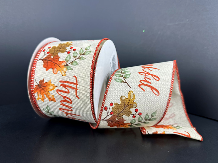 Ivory "Thankful" Leaves & Garland Linen Wired Ribbon 2.5"