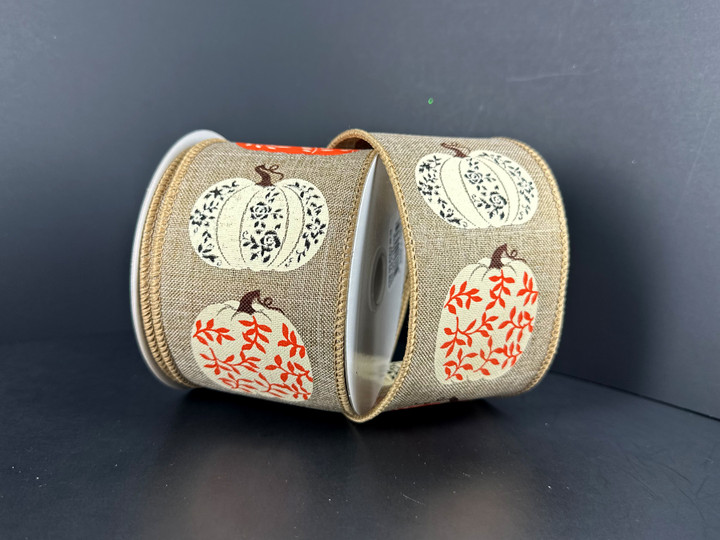 Natural Fancy Patterned Pumpkins Linen Wired Ribbon 2.5"