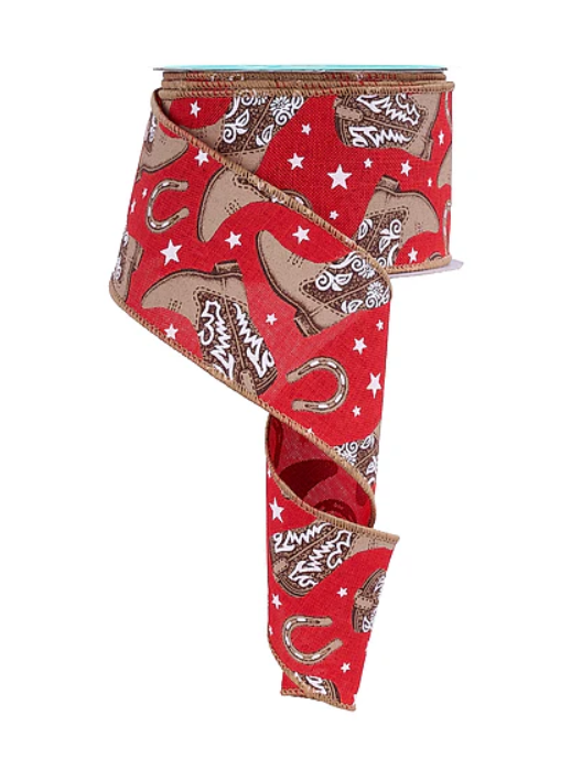 Red Cowboy Boots and Horseshoes Print Wired Ribbon 2.5"