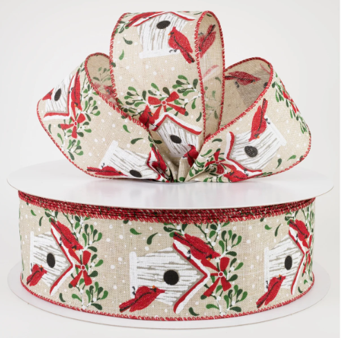 Natural Linen Cardinal Birdhouse Wired Ribbon 2.5" X 100FT