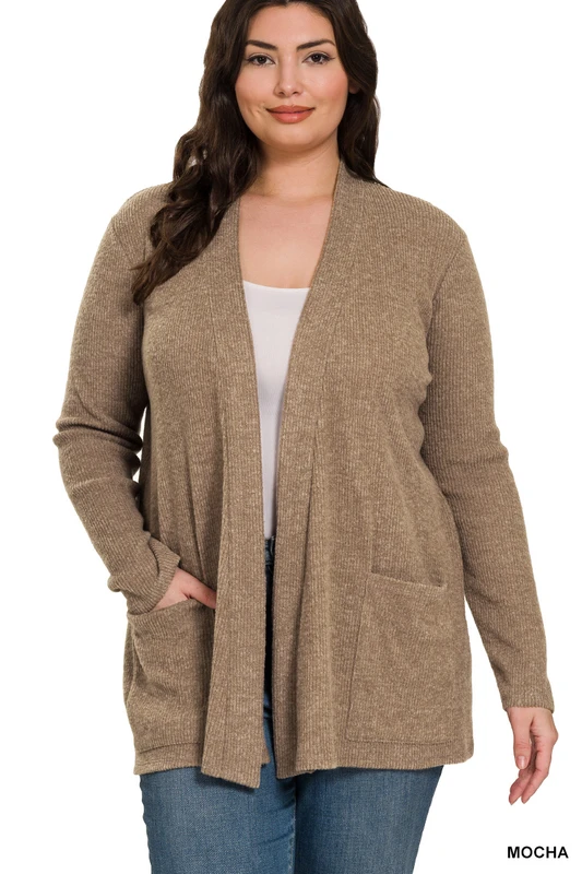 Women's Heathered Ribbed Open Front Cardigan with Pockets