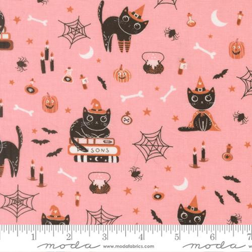 Purrs and Boos Cats & Pumpkins Candy Pink Cotton Fabric