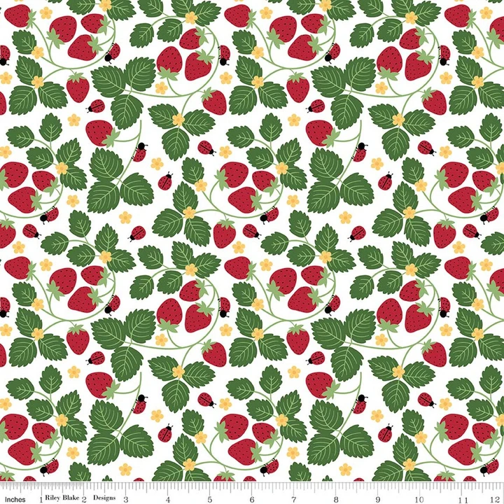 Little Ladybug Strawberries White Cotton Fabric