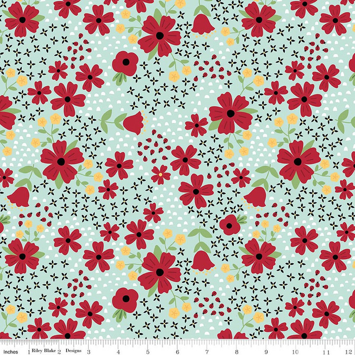 Little Ladybug Blue Floral Print Cotton Fabric