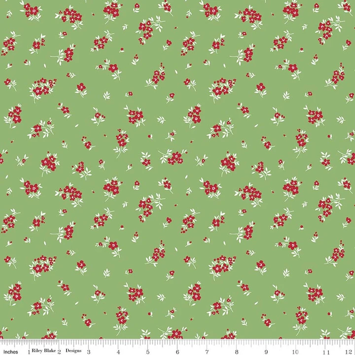 Little Ladybug Mini Flowers Green Cotton Fabric