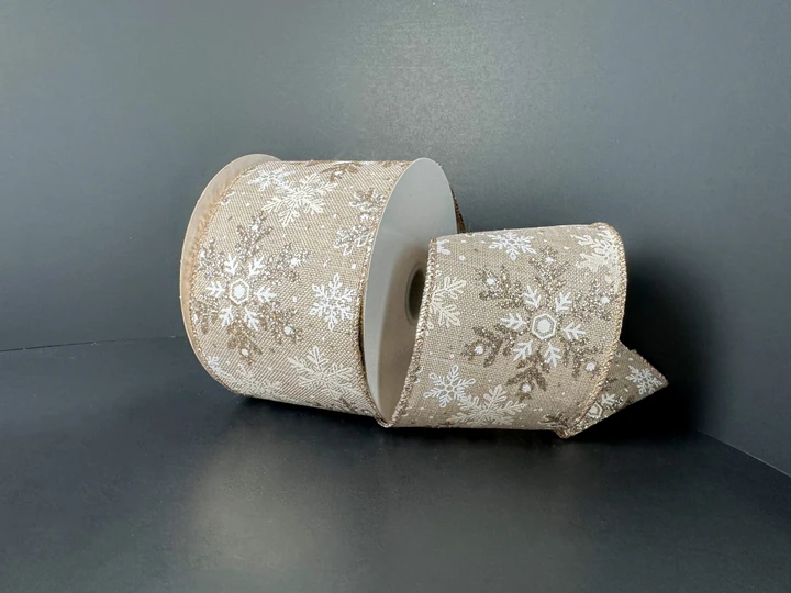 Champagne Glitter Snowflake Wired Ribbon 2.5 Inch