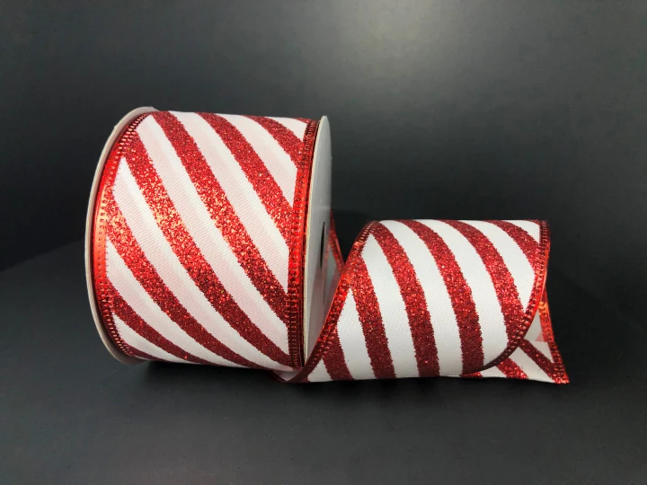 Red & White Glitter Candy Cane Stripe Wired Ribbon 2.5"