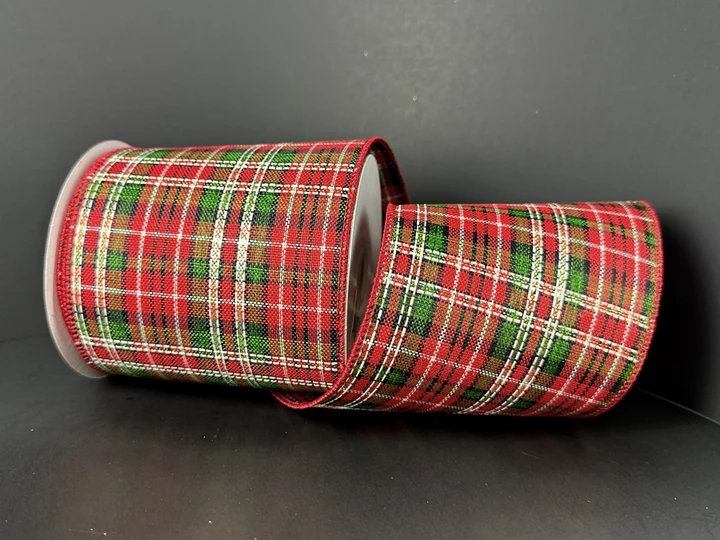 Traditional Red, Green, and Gold Plaid Wired Ribbon 4"