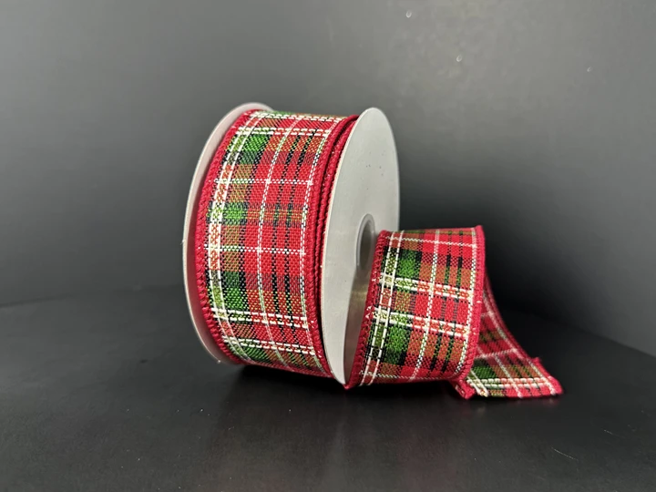 Traditional Red, Green, and Gold Plaid Wired Ribbon 1.5"