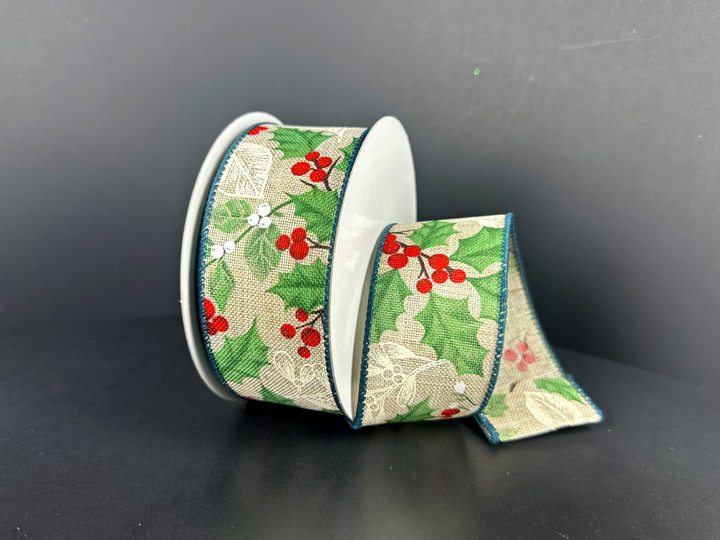 Holly Leaves Sage Linen Wired Ribbon 1.5"