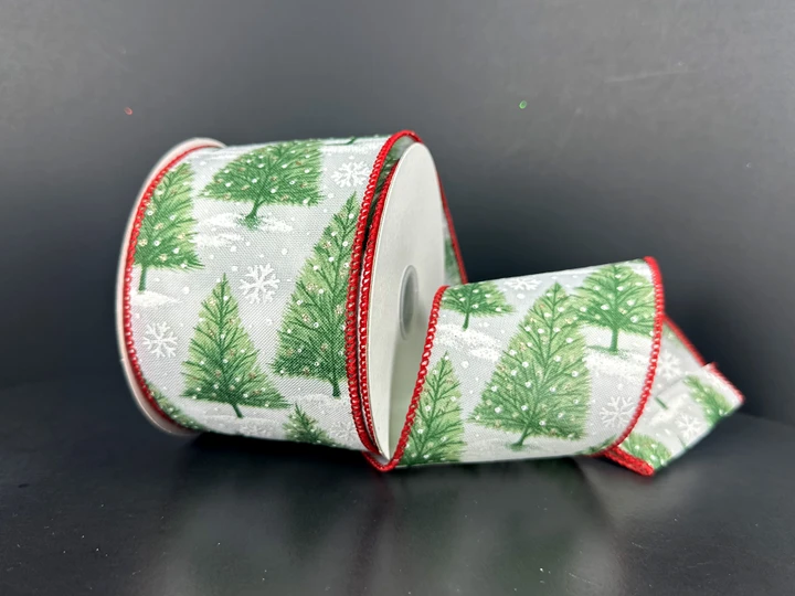 Snowy Forest Trees Red Edge Wired Ribbon 2.5"