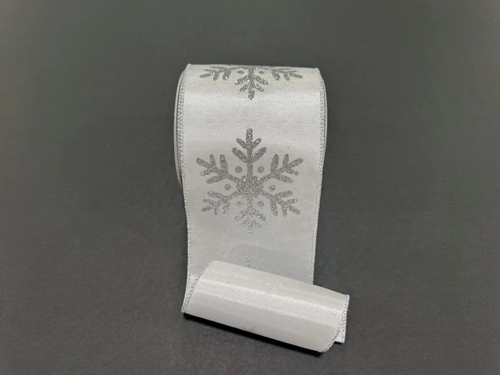 White Silver Snowflake Ribbon - 4" x 10 Yds (Wired)
