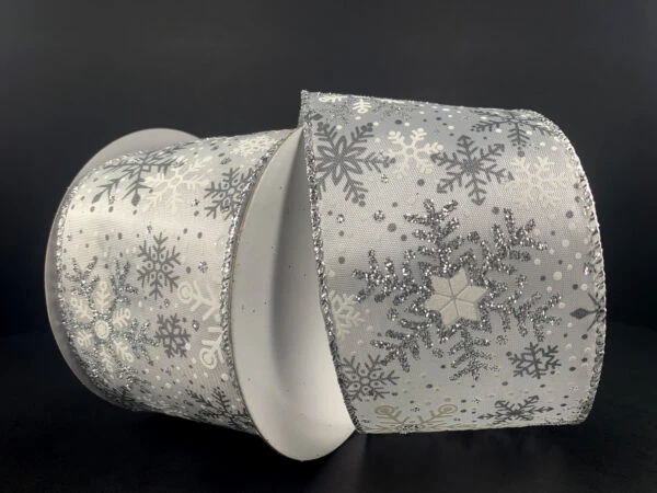 White Silver Snowflake Ribbon - 2.5" x 10 Yds (Wired)