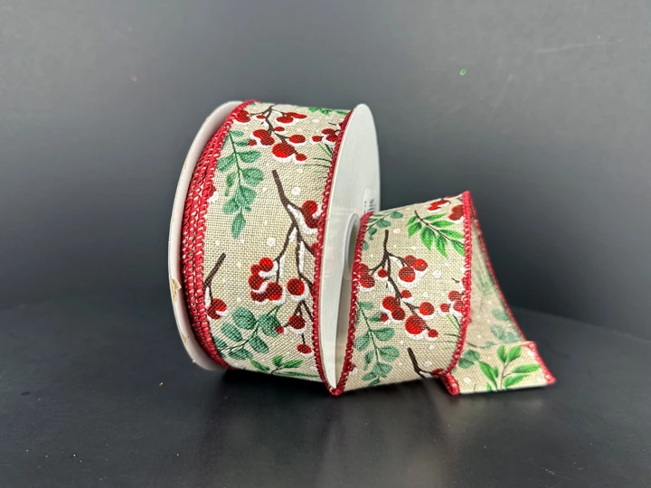 Eucalyptus & Snow Berries Linen Wired Ribbon 1.5"