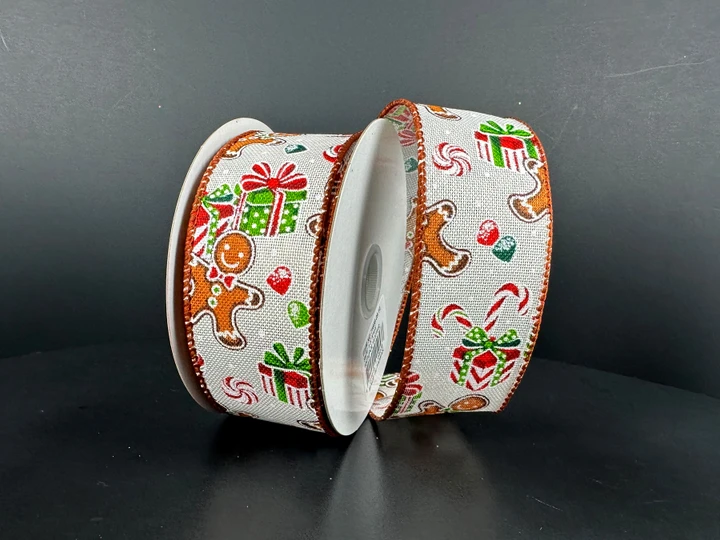 Gingerbread & Presents Linen Wired Ribbon 1.5"