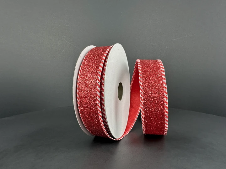 Red Glitter Candy Cane Edge Ribbon 7/8" X 10YD