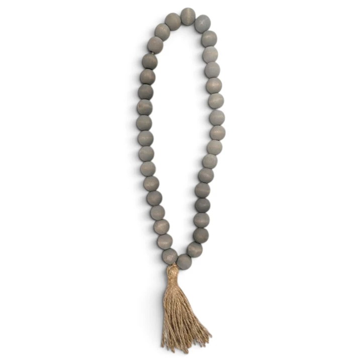 17" Gray Wood Bead Garland with Jute Tassel