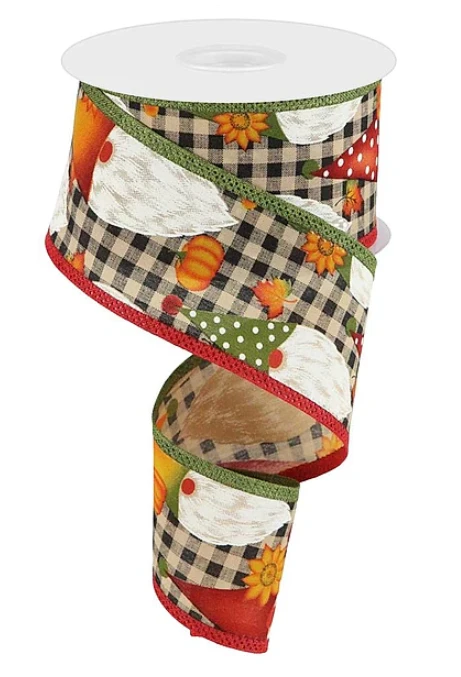 Autumn Fall Gnome Check Wired Ribbon 2.5"