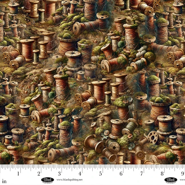 Forget Me Not Mossy Thread Spools Cotton Fabric
