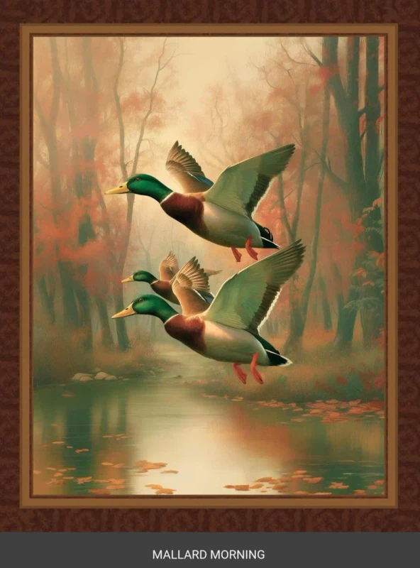 Mallard Morning Flying Ducks 36" x 45" Cotton Fabric Panel