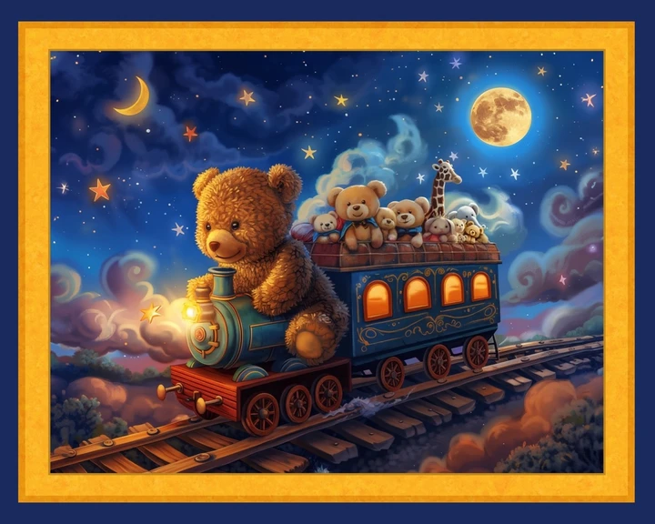 Choo Choo Teddy Bear Train 36" x 45" Cotton Fabric Panel