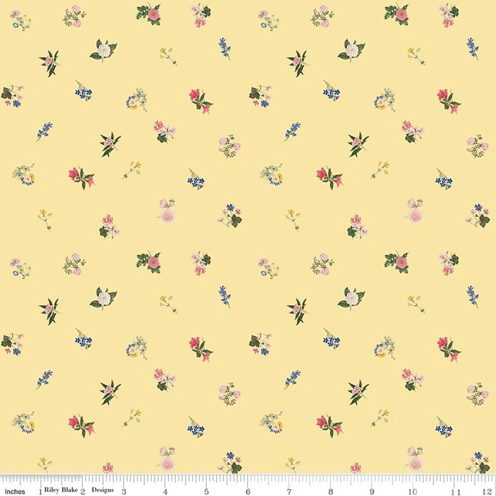 Everbloom Butter Yellow Tossed Floral Sprigs Cotton Fabric