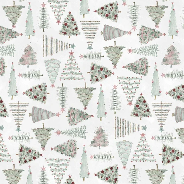 Just a Dusting Watercolor Christmas Trees Pearl-White Cotton Fabric