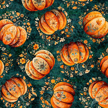 Harvest Hollow Teal Tossed Pumpkins Cotton Fabric