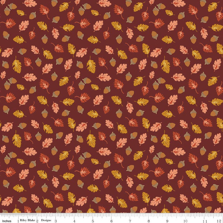 Cozy Autumn Dark Rust Acorns & Oak Leaves Cotton Fabric