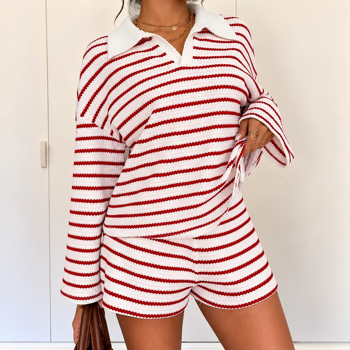 Striped Textured Knit Collared Top & Shorts (Sold Separately)